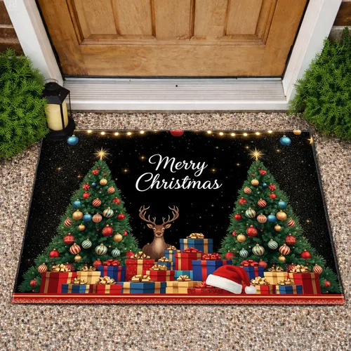 Merry Christmas Trees Gift Boxes Santa Hat String Lights - Holiday Welcome Mat Doormat