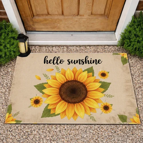 Hello Sunshine Script Sunflower Green Leaves Rustic Burlap - Farmhouse Home Decor Gift Doormat