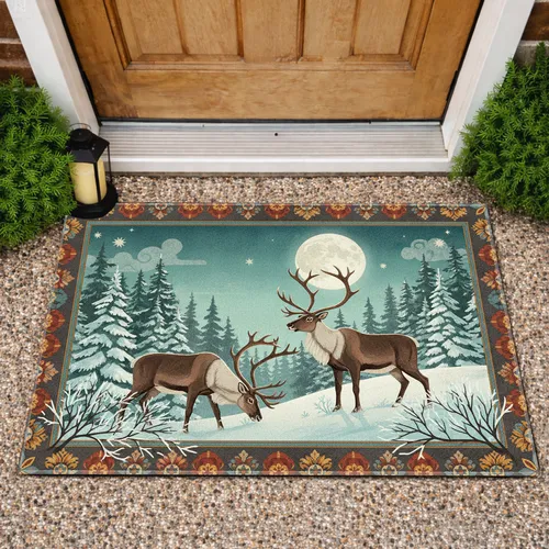 Majestic Caribou Moonlit Winter Forest Floral Geometric Border - Wildlife Lover Home Decor Gift Doormat