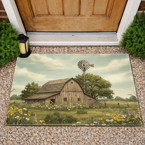 Wooden Barn Windmill Wildflower Meadow Countryside - Farmhouse Home Decor Gift Doormat