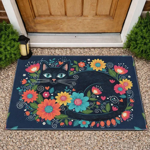 Black Cat Floral Explosion - Home Decor Gift for Cat Lover Doormat