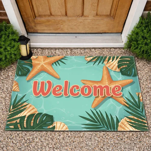Welcome Tropical Starfish Seashell Palm Foliage - Home Decor Gift for Beach Lover Doormat
