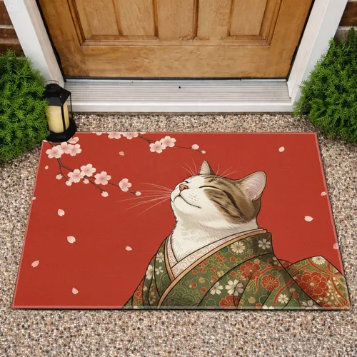 Serene Cat Kimono Cherry Blossom - Home Decor Gift for Cat Lovers Doormat