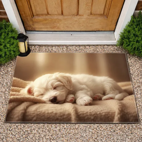 Luminous White Puppy Sleeping on Blanket - Home Decor Gift for Dog Lover Doormat