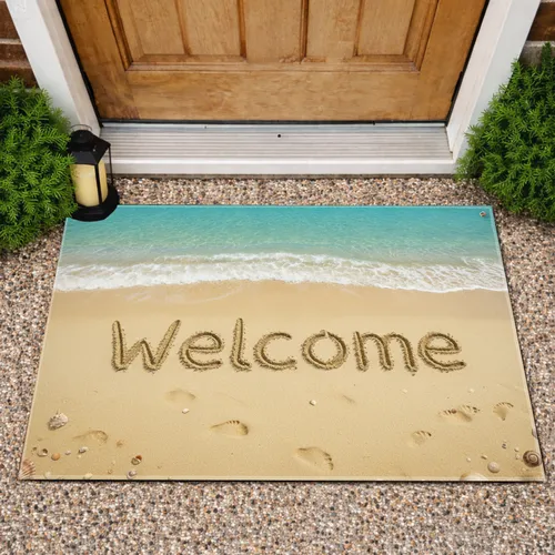 Welcome Golden Sand Beach Ocean Waves Seashells - Coastal Home Decor Gift for Ocean Lovers Doormat