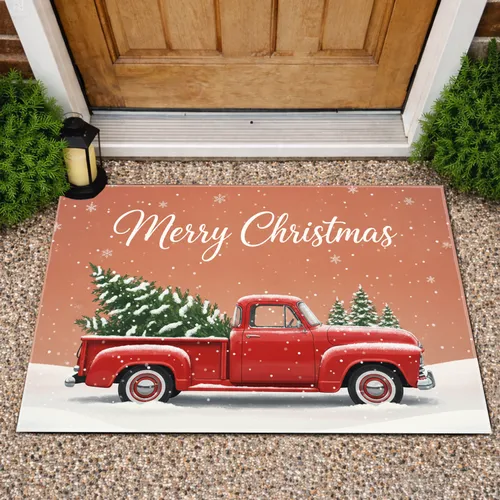 Vintage Red Pickup Truck Christmas Tree Merry Christmas - Christmas Holiday Decor Doormat