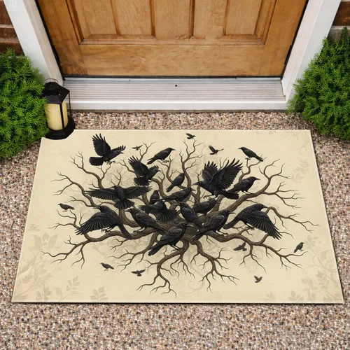 Black Crows Flight Poses Gnarled Twisted Branches Skeletal Wood Frame - Halloween Party Decor Doormat