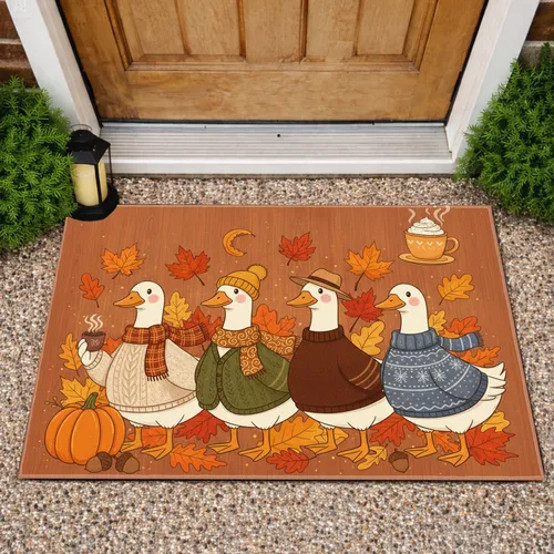 Four Geese Autumn Leaves Pumpkin Cocoa Mug - Rustic Farmhouse Decor Gift Doormat