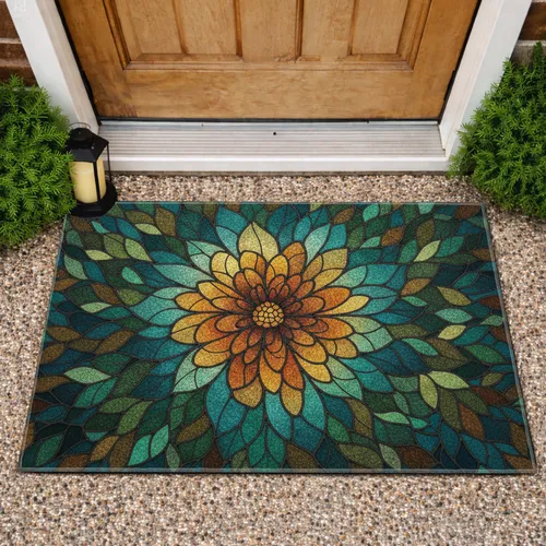 Teal Gold Orange Intricate Rustic Floral Mosaic Stained Glass Flower - Home Decor Gift Doormat