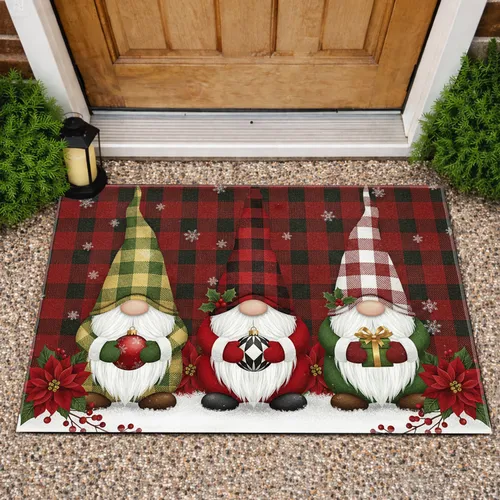 Three Christmas Gnomes Poinsettia Snowflakes Tartan - Holiday Home Decor Doormat