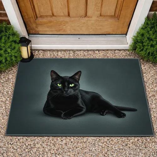 Black Cat Yellow Green Eyes - Home Decor Gift for Cat Lover Doormat