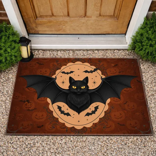 Black Bat-Cat Pumpkin Skull Spiderweb Halloween Party - Gothic Home Decor Gift for Cat Lover Doormat