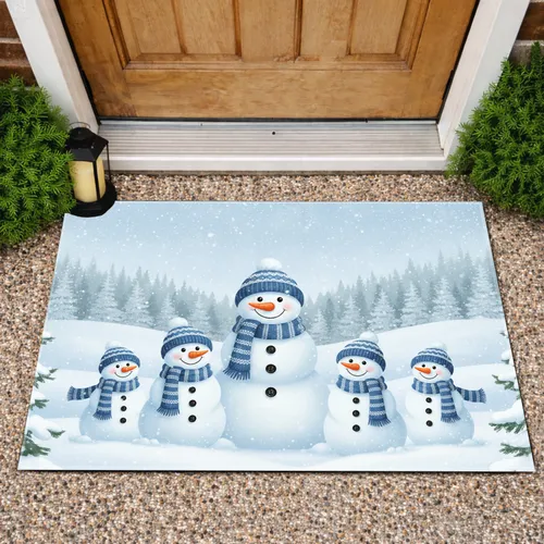 Snowman Family Winter Landscape Evergreen Trees - Christmas Holiday Gift Doormat