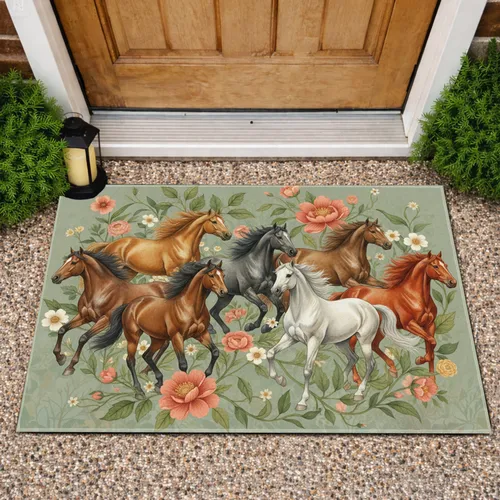 Wild Horses Running Sage Green Botanical Floral - Home Decor Gift Doormat