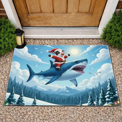 Santa Cow Shark Christmas Pines Snow - Holiday Decor Gift for Animal Lover Doormat