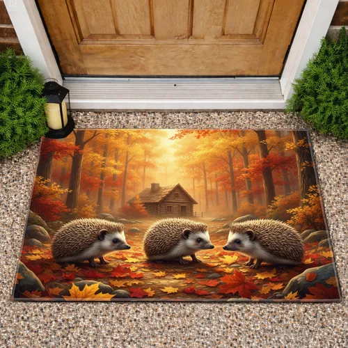 Hedgehog Autumn Leaves Log Cabin Forest - Autumn Home Decor Gift for Wildlife Lover Doormat