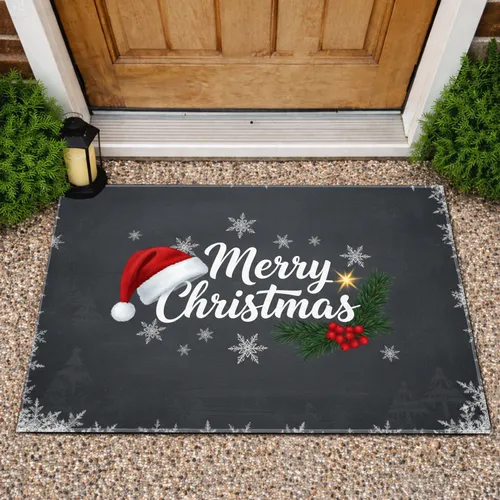 Merry Christmas Santa Hat Pine Sprig - Christmas Holiday Home Decor Doormat