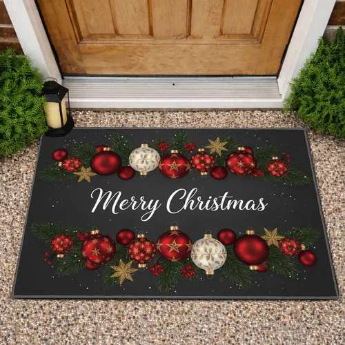 Merry Christmas Ornaments Holly Berries Gold Star Anise - Christmas Home Decor Doormat