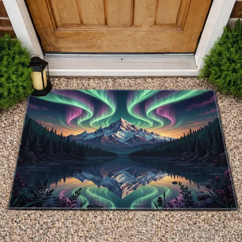 Aurora Borealis Mountain Lake Home Decor Gift for Nature Lover Doormat