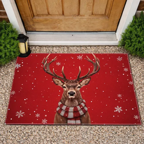 Stag Deer Antlers Plaid Scarf Snowflakes - Christmas Home Decor Gift Doormat
