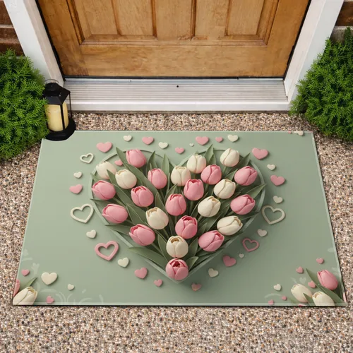 Heart Tulip Bouquet Pink White Sage Green - Spring Home Decor Gift Doormat
