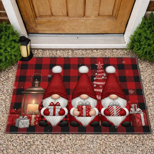 Christmas Gnomes Buffalo Plaid Snowflakes - Holiday Home Decor Gift Doormat