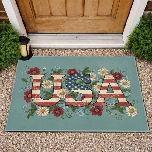 Distressed USA Flag Lettering Botanical Flowers - Independence Day Gift for Veterans Doormat
