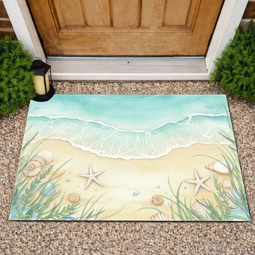 Turquoise Ocean Golden Sand Beach Starfish Seashells - Home Decor Gift Doormat