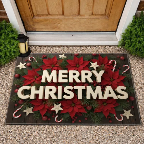 Merry Christmas Poinsettia Pine - Christmas Holiday Decor Doormat