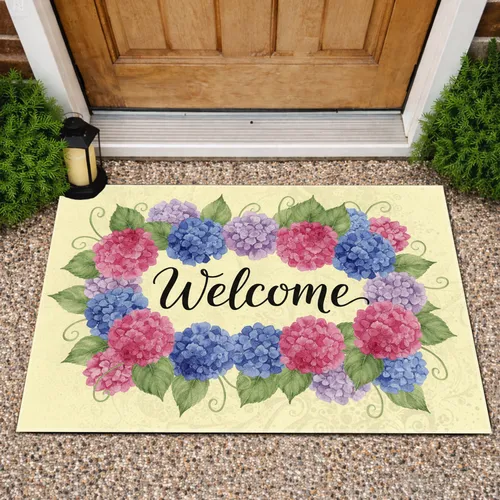 Welcome Script Pink Blue Lavender Hydrangea Flowers - Home Decor Gift Doormat