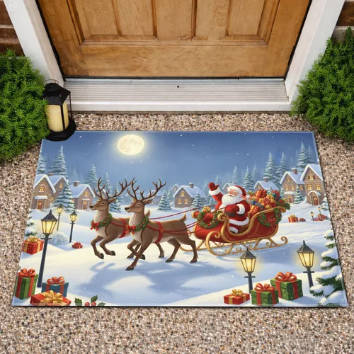 Santa Claus Reindeer Sleigh Christmas Village - Christmas Holiday Decor Doormat