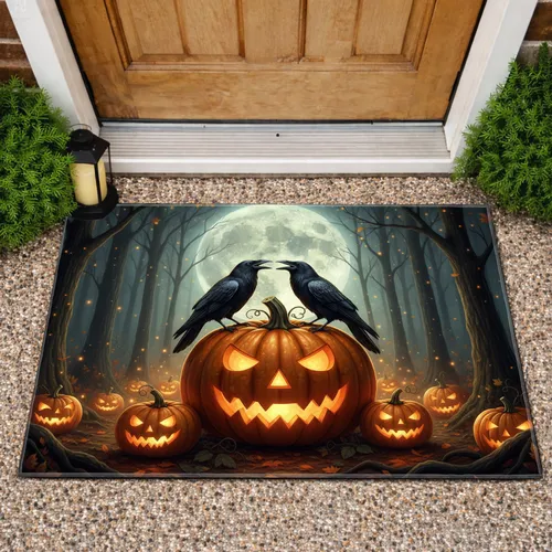 Jack-O'-Lantern Ravens Glowing Pumpkins Full Moon - Halloween Party Decor Doormat