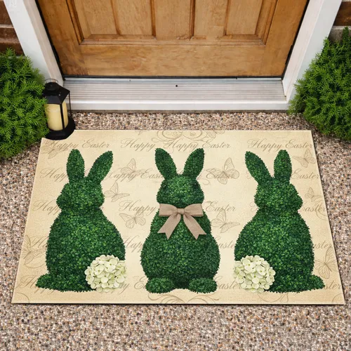 Green Bunny Topiary Happy Easter Hydrangea Butterflies - Easter Holiday Decor Doormat