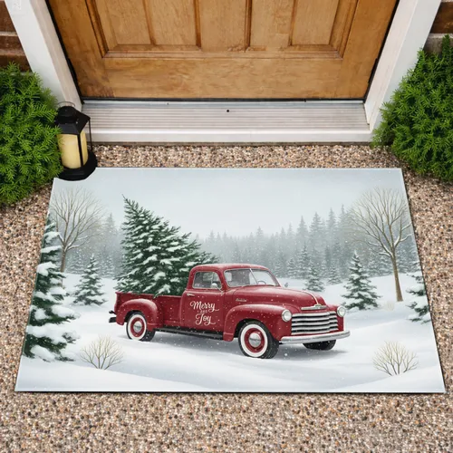 Vintage Red Truck Christmas Tree Merry and Joy - Christmas Home Decor Doormat