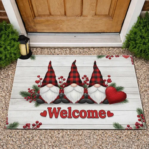 Welcome Gnomes Buffalo Plaid Pine Berries - Home Decor Gift for Gnome Lover Doormat