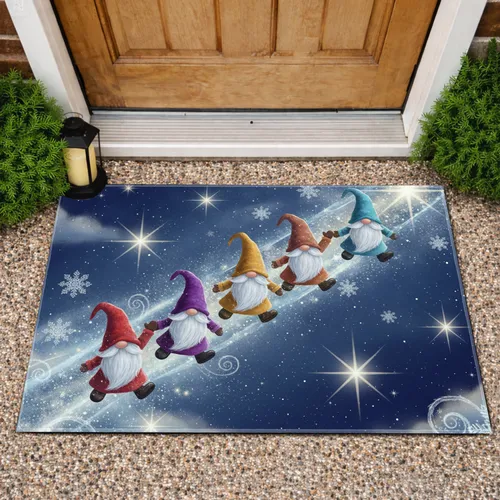 Festive Gnomes Streaking Luminous Snowflakes - Christmas Holiday Decor Gift Doormat