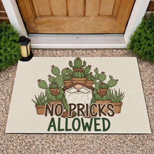 Cactus Gnome Potted Cactus Text 'NO PRICKS ALLOWED' - Farmhouse Home Decor Gift Doormat