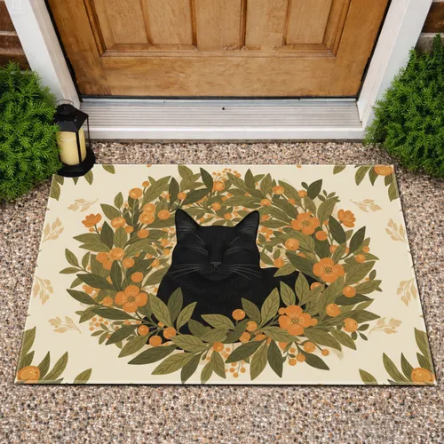 Black Cat Resting Leaves Berries Blossoms Floral Accents - Home Decor Gift for Cat Lover Doormat