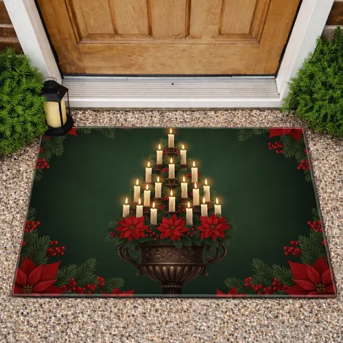 Candlelit Christmas Tree Urn Poinsettia Holly - Christmas Decor Gift Doormat
