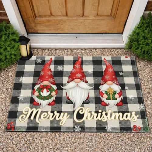 Christmas Gnomes Merry Christmas Buffalo Plaid - Holiday Farmhouse Decor Doormat