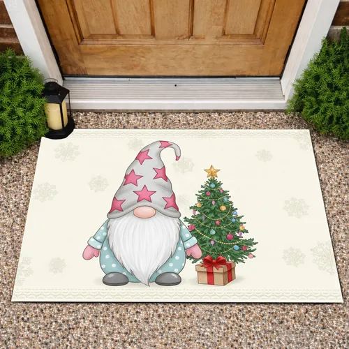Christmas Gnome Star Hat Evergreen Tree Gift Box Snowflakes - Holiday Home Decor Doormat