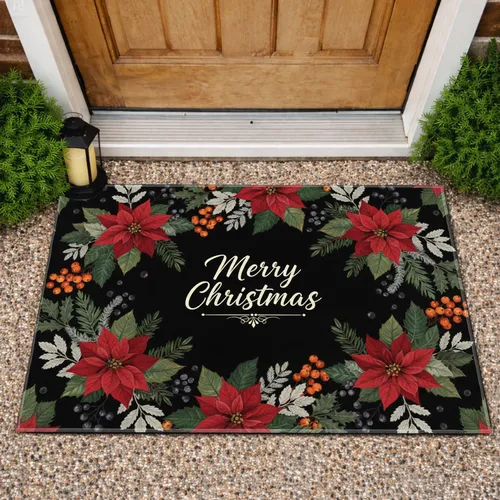 Poinsettia Berry Merry Christmas - Christmas Holiday Home Decor Gift Doormat