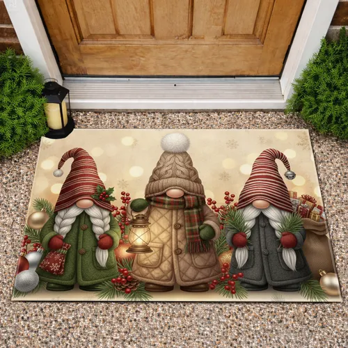 Three Christmas Gnomes Holly Lantern Gift Bag - Christmas Decor Gift Doormat