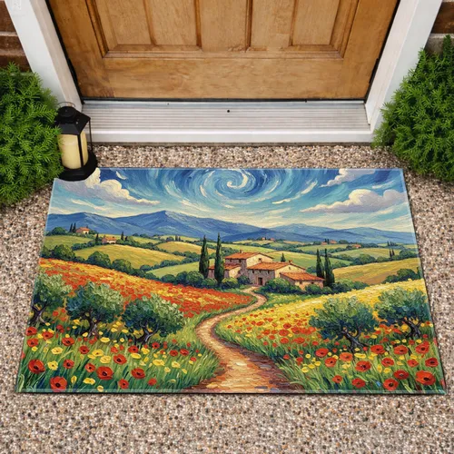 Tuscan Landscape Farmhouses Poppy Fields Cypress Trees - Home Decor Gift Doormat