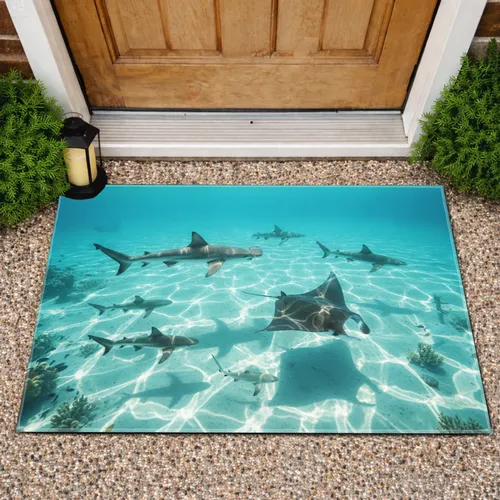 Sharks Stingray Ocean Sunlight Sandy Seafloor - Marine Wildlife Home Decor Gift Doormat