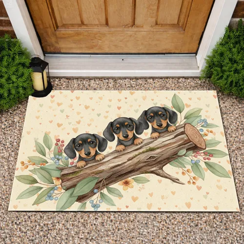 Three Dachshund Puppies Rustic Log Botanical Hearts - Home Decor Gift for Dog Lover Doormat
