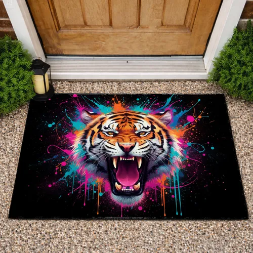 Black Neon Splatter Roaring Tiger Head - Home Decor Gift for Tiger Lovers Doormat