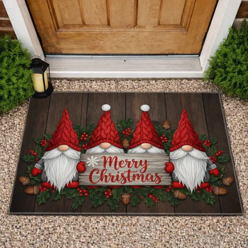 Four Festive Gnomes Merry Christmas Sign Holly Berries Acorns - Christmas Home Decor Doormat