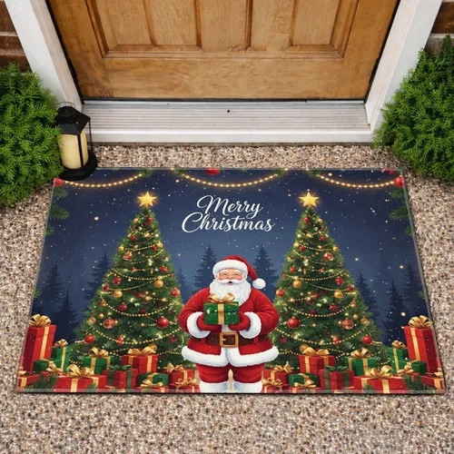Merry Christmas Santa Claus Trees Presents Garland Snowy Forest - Winter Welcome Doormat