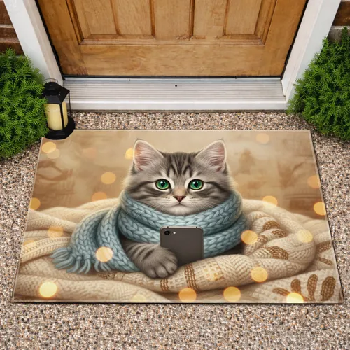Grey Tabby Kitten Light Blue Scarf Holding Smartphone - Home Decor Gift for Cat Lover Doormat